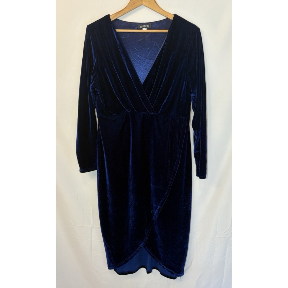 Esprlia Velvet Faux Wrap Formal Dress 14W Holiday Party‎ Christmas Cocktail Blue